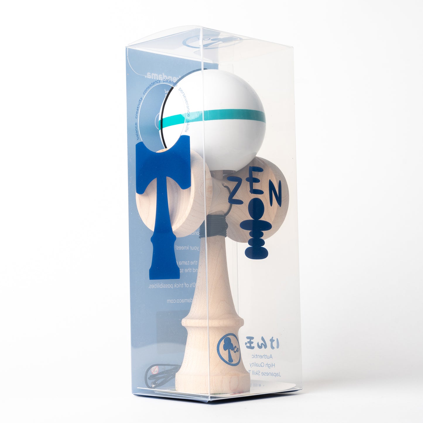 Solid white kendama toy with a aqua stripe in box. Sticky paint, maple ken, beech tama, Kendama Co Zen Shape.