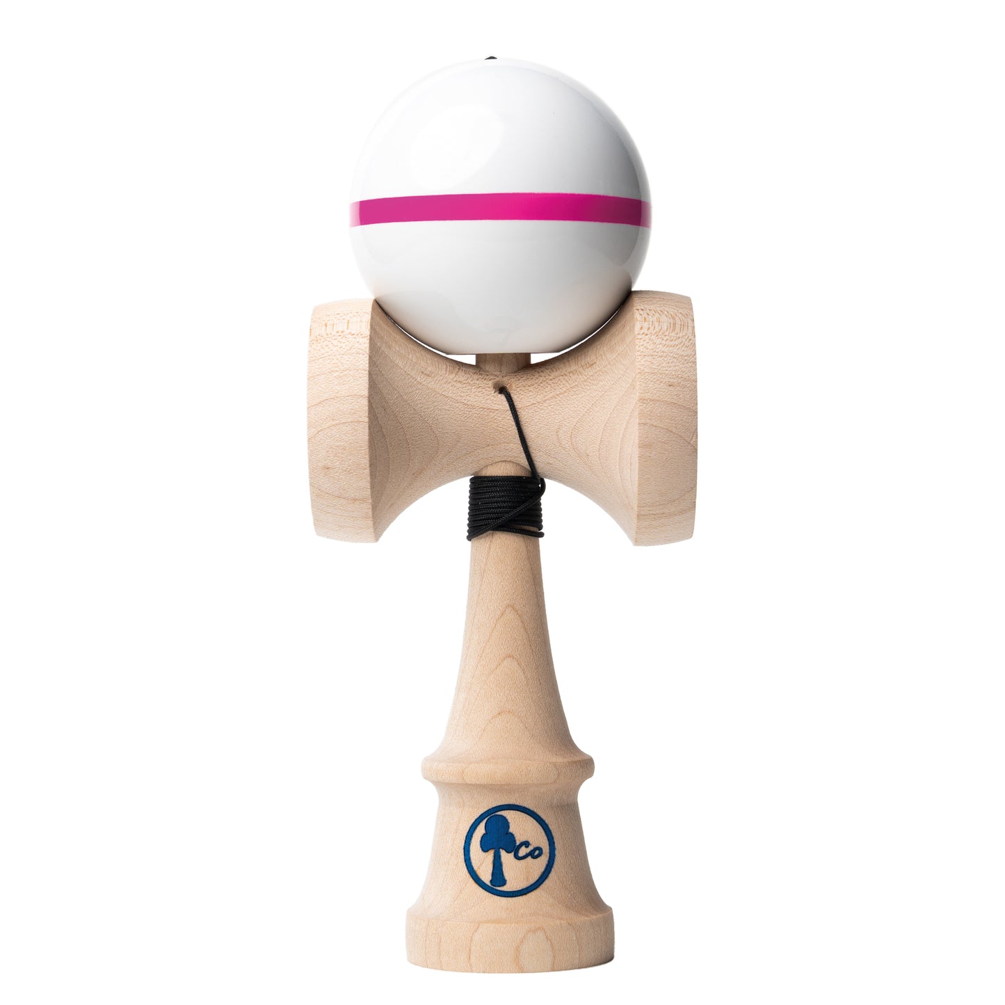 Solid white kendama toy with a pink stripe. Sticky paint, maple ken, beech tama, Kendama Co Zen Shape.