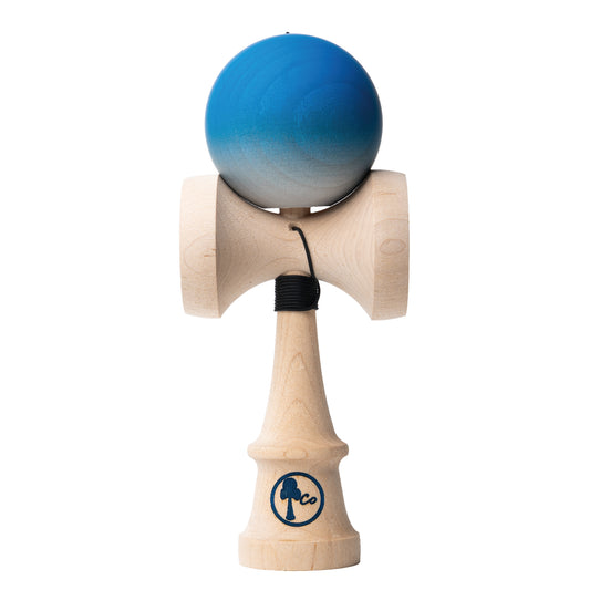 Kendama toy with blue to silver fade matte paint. Maple ken, beech tama, Kendama Co Zen Shape.