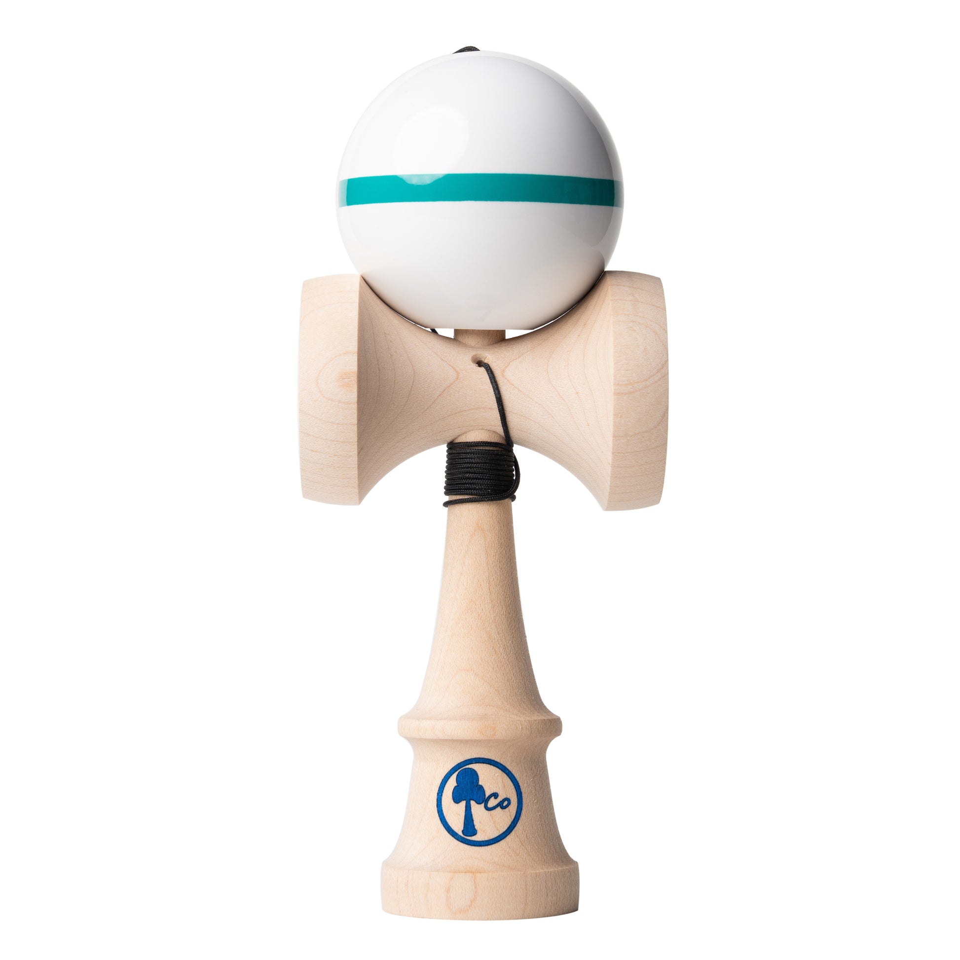 Solid white kendama toy with a aqua stripe. Sticky paint, maple ken, beech tama, Kendama Co Zen Shape.