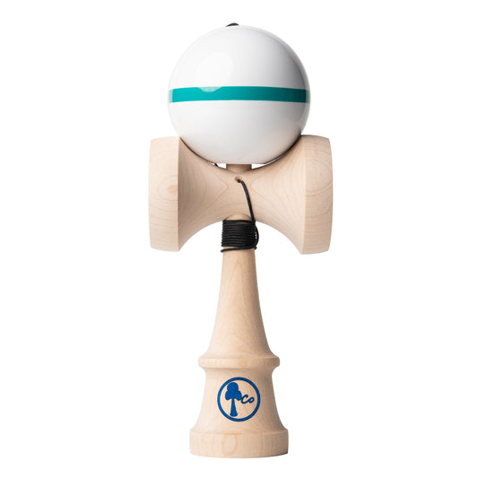 Solid white kendama toy with a aqua stripe. Sticky paint, maple ken, beech tama, Kendama Co Zen Shape.