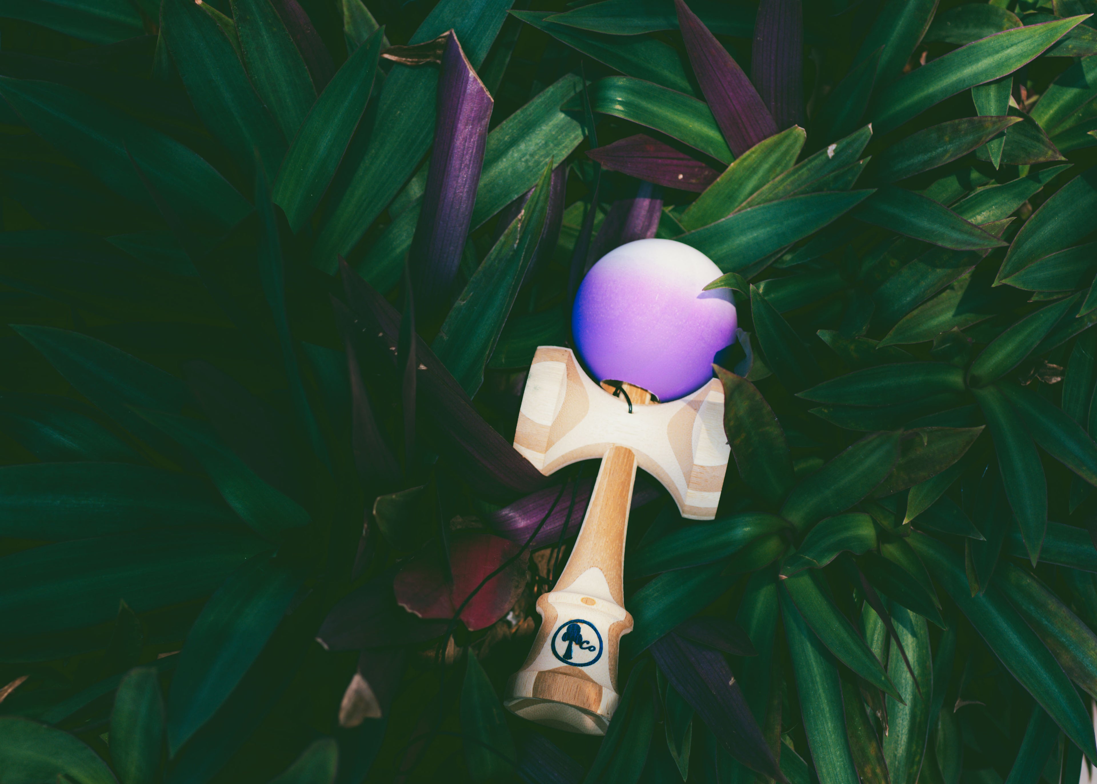 Wooden toy with white to purple fade halfsplit tama design. Bamboo tama and bamboo ken.