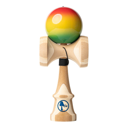Kendama toy with rasta fade matte paint. Maple ken, beech tama, Kendama Co Zen Shape.