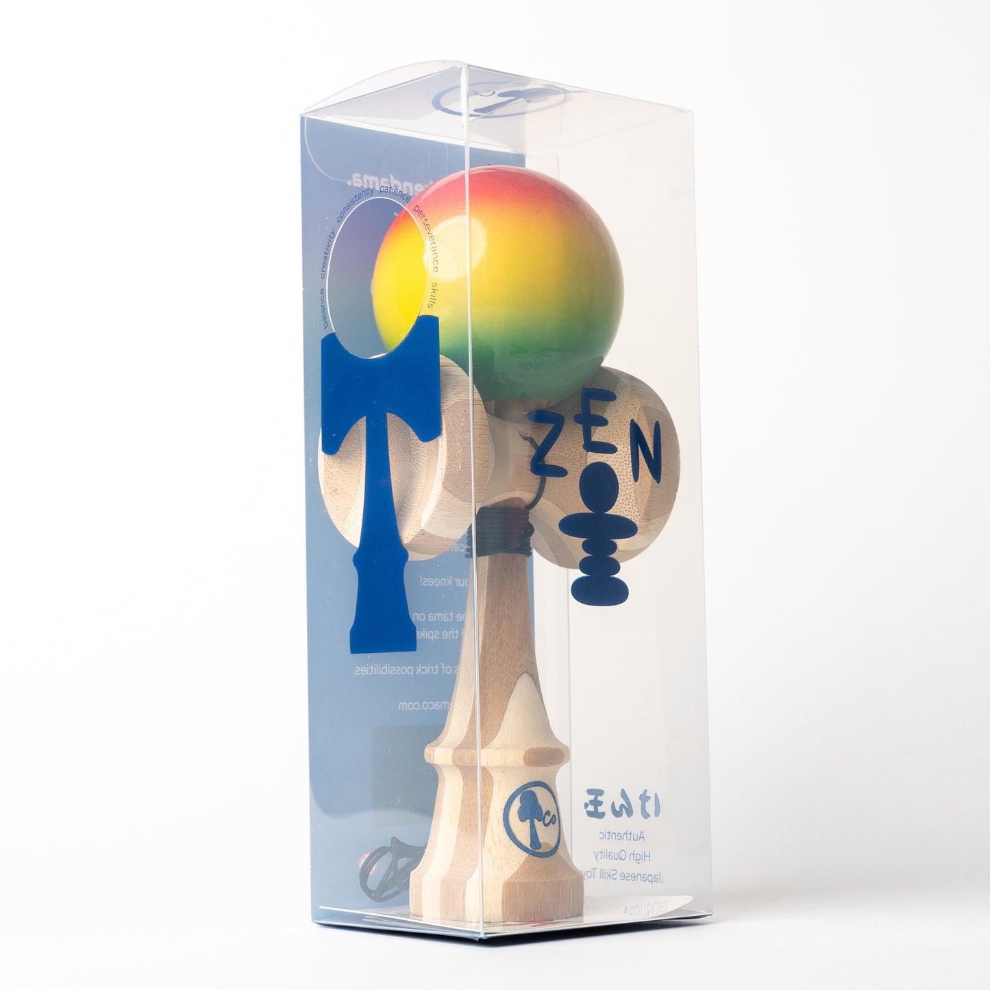 Kendama toy with rasta fade matte paint in box. Maple ken, beech tama, Kendama Co Zen Shape.